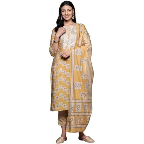 Libas Womens Yoke Design Silk Blend Straight Kurta With Trousers And Dupatta