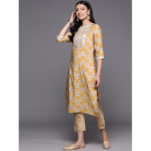Libas Womens Yoke Design Silk Blend Straight Kurta With Trousers And Dupatta
