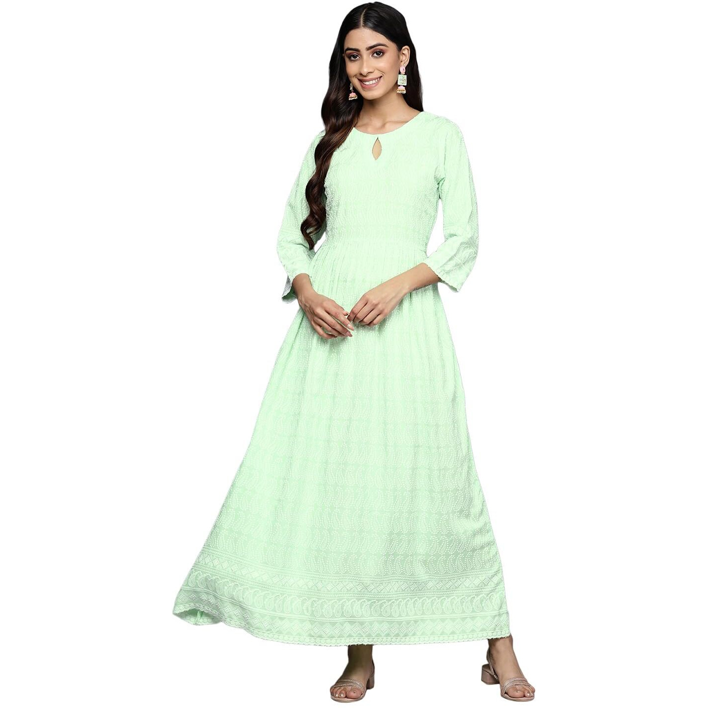 Libas Women's Rayon Fit And Flare Maxi Dress (26267_Green