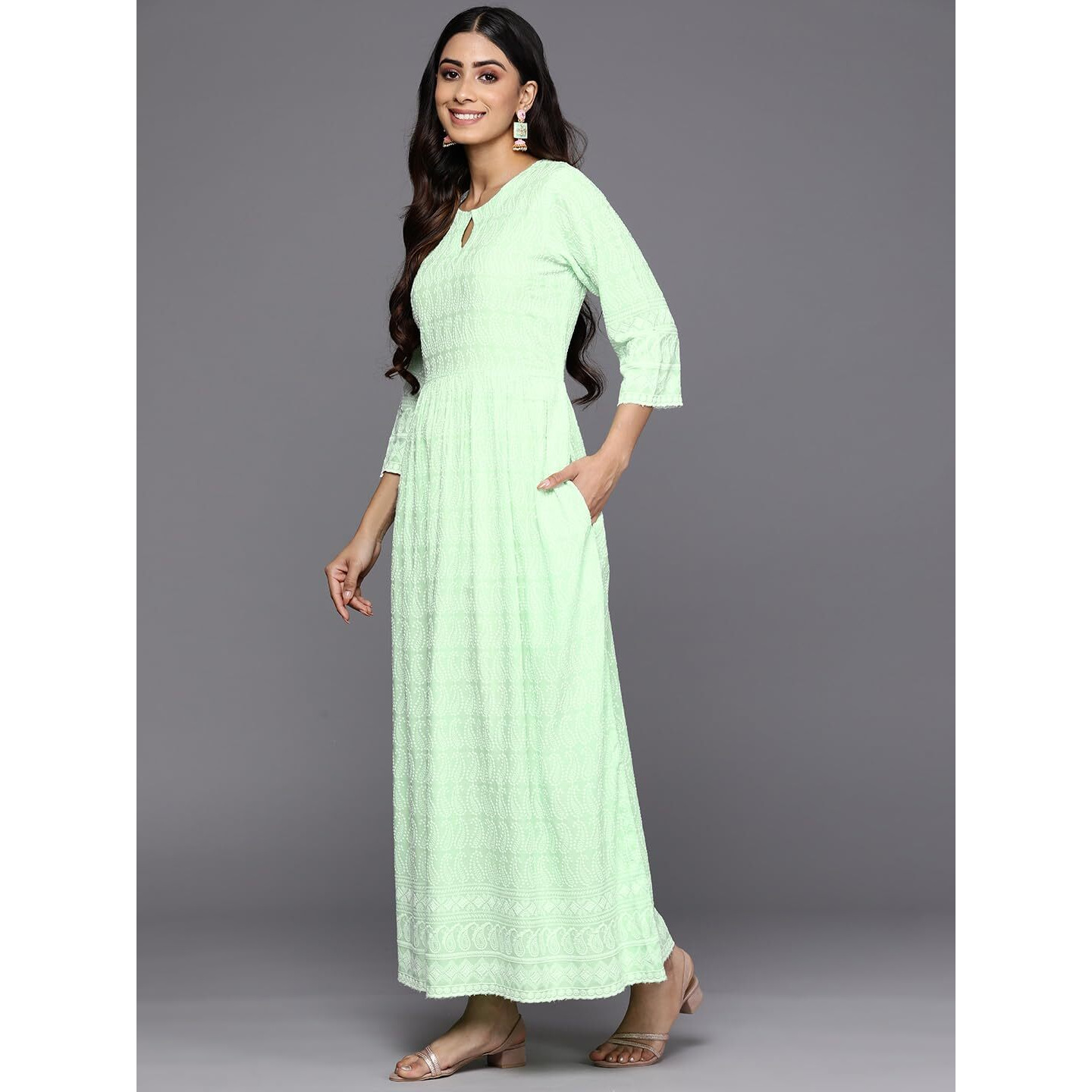 Libas Women's Rayon Fit And Flare Maxi Dress (26267_Green