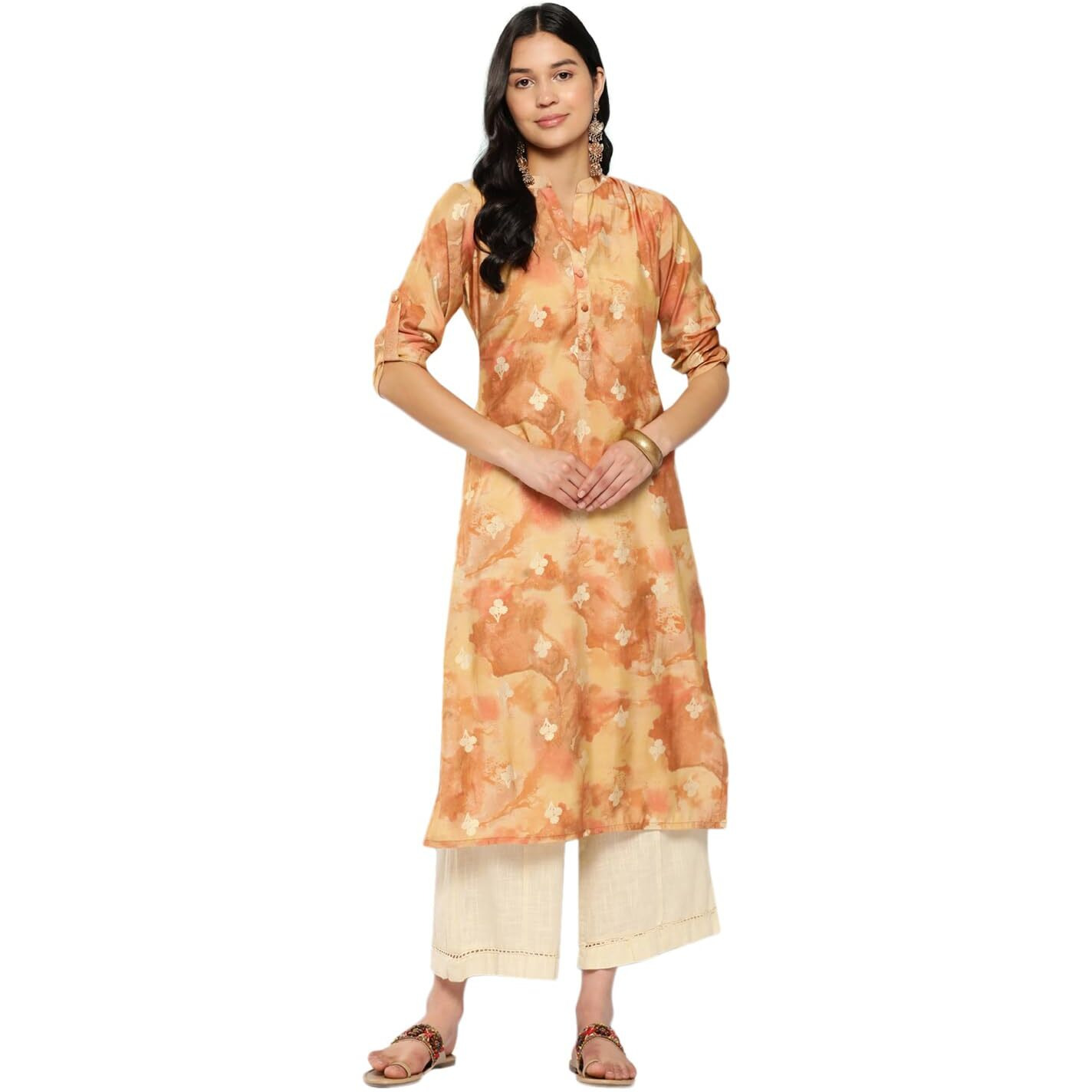 Libas Women's Silk Printed Straight Kurta (26288_Brown