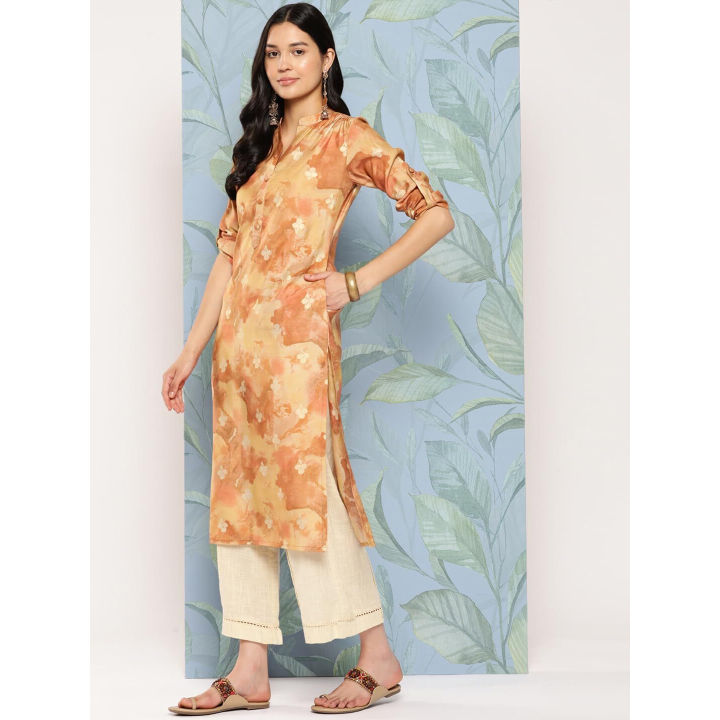 Libas Women's Silk Printed Straight Kurta (26288_Brown