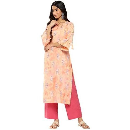 Libas Women's Silk Printed Straight Kurta (26281_Peach