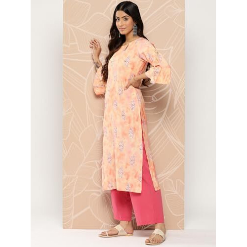 Libas Women's Silk Printed Straight Kurta (26281_Peach