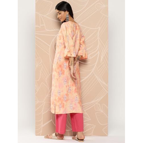 Libas Women's Silk Printed Straight Kurta (26281_Peach