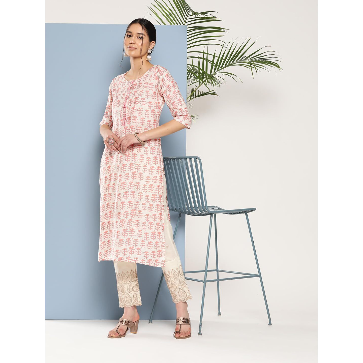 Libas Women's Silk Printed Straight Kurta (26290_Peach