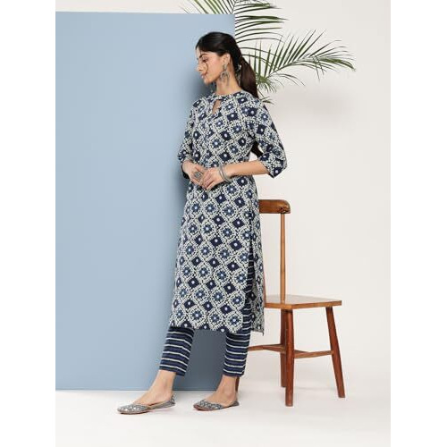 Libas Women's Cotton Printed Straight Kurta (26339_Blue