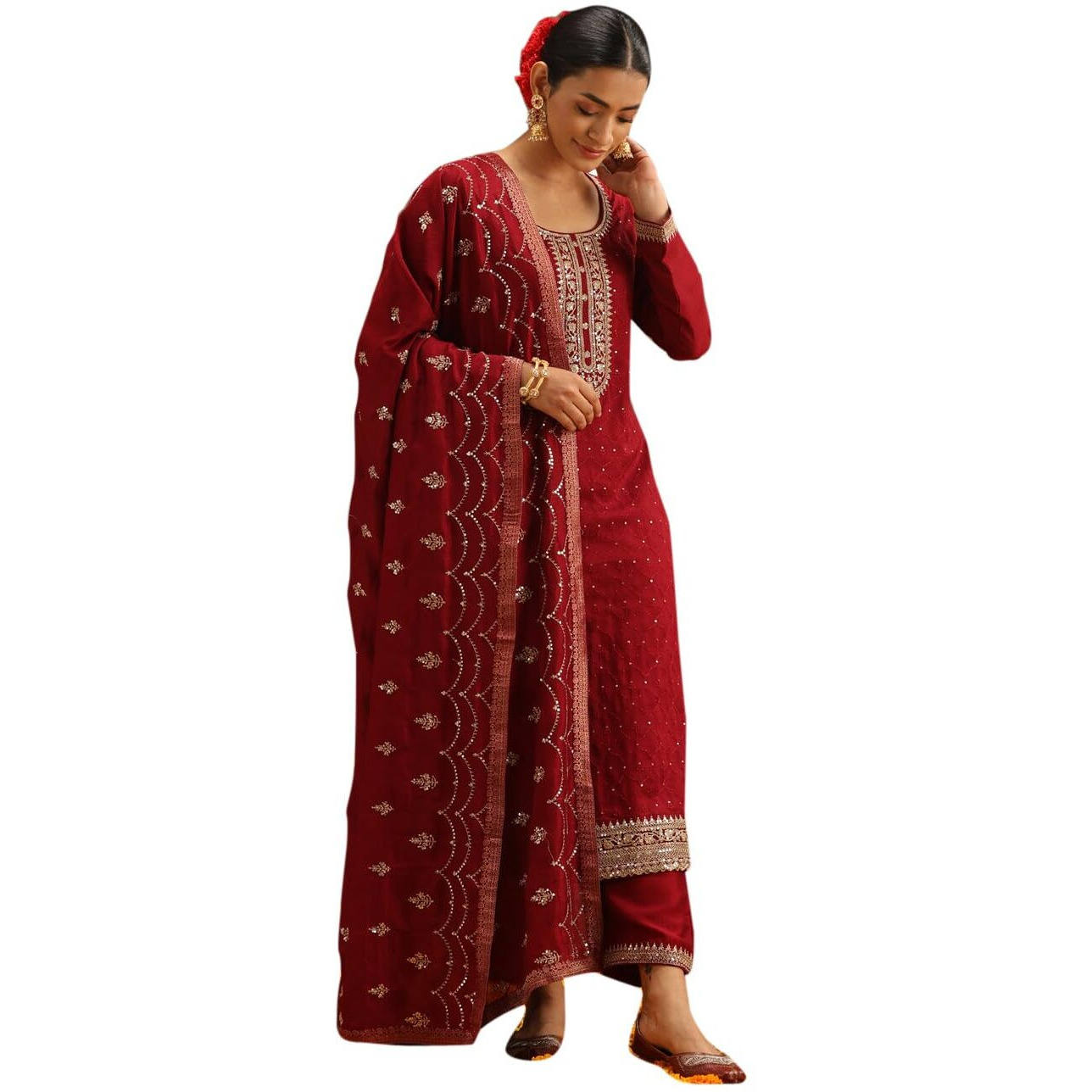 Libas Women's Silk Blend Kurta Sets (38088O_Maroon
