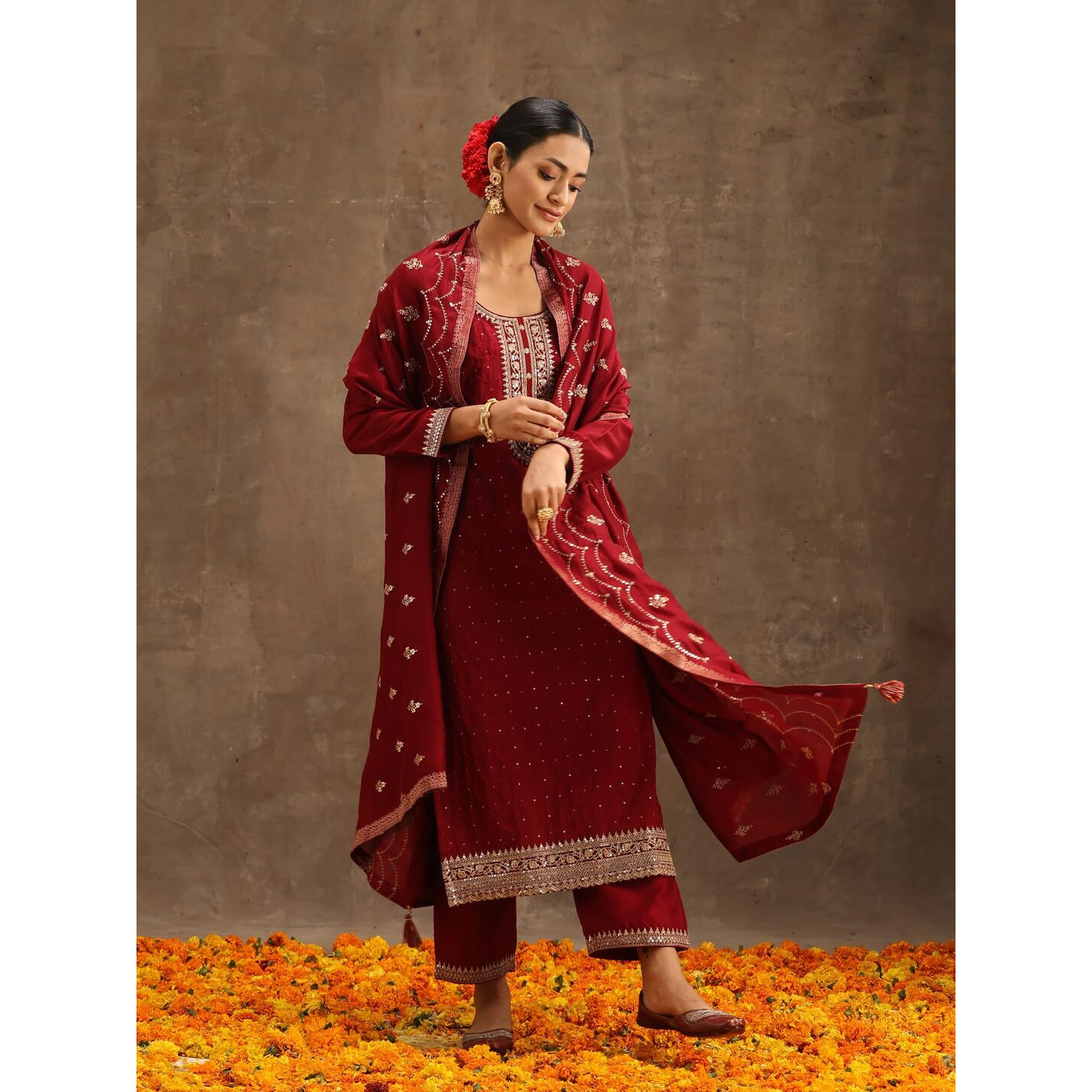 Libas Women's Silk Blend Kurta Sets (38088O_Maroon