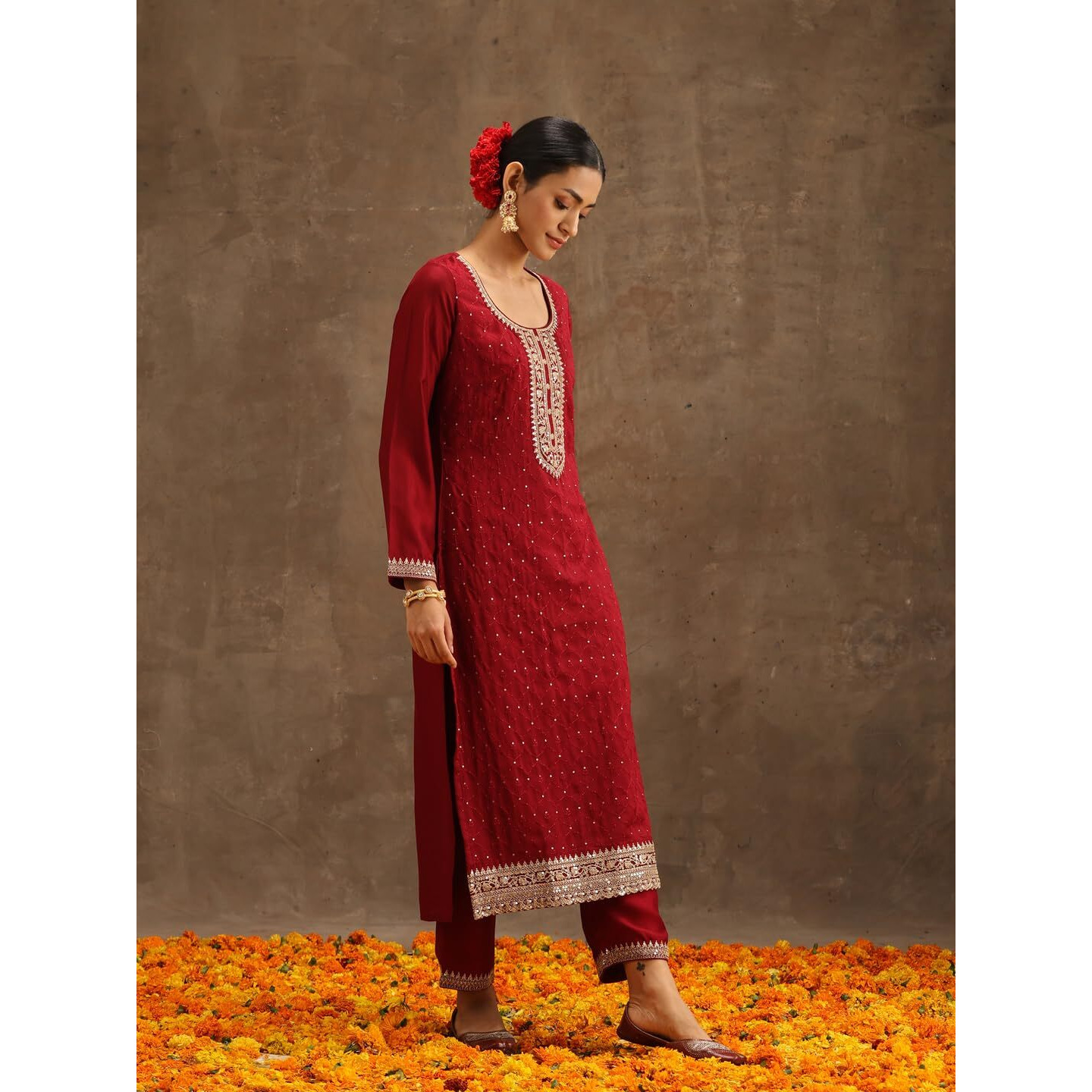 Libas Women's Silk Blend Kurta Sets (38088O_Maroon