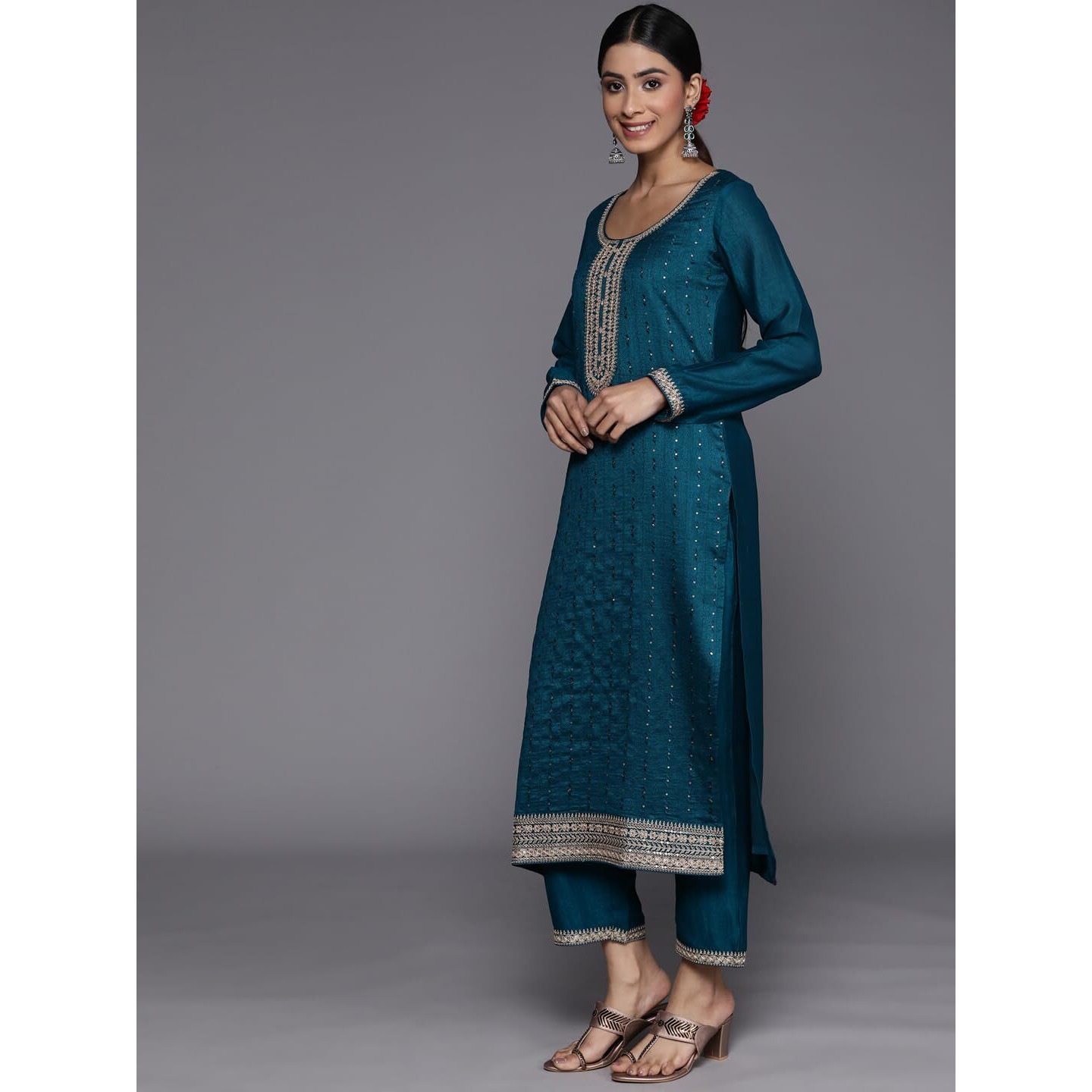 Libas Women's Silk Blend Kurta Sets (38093O_Teal