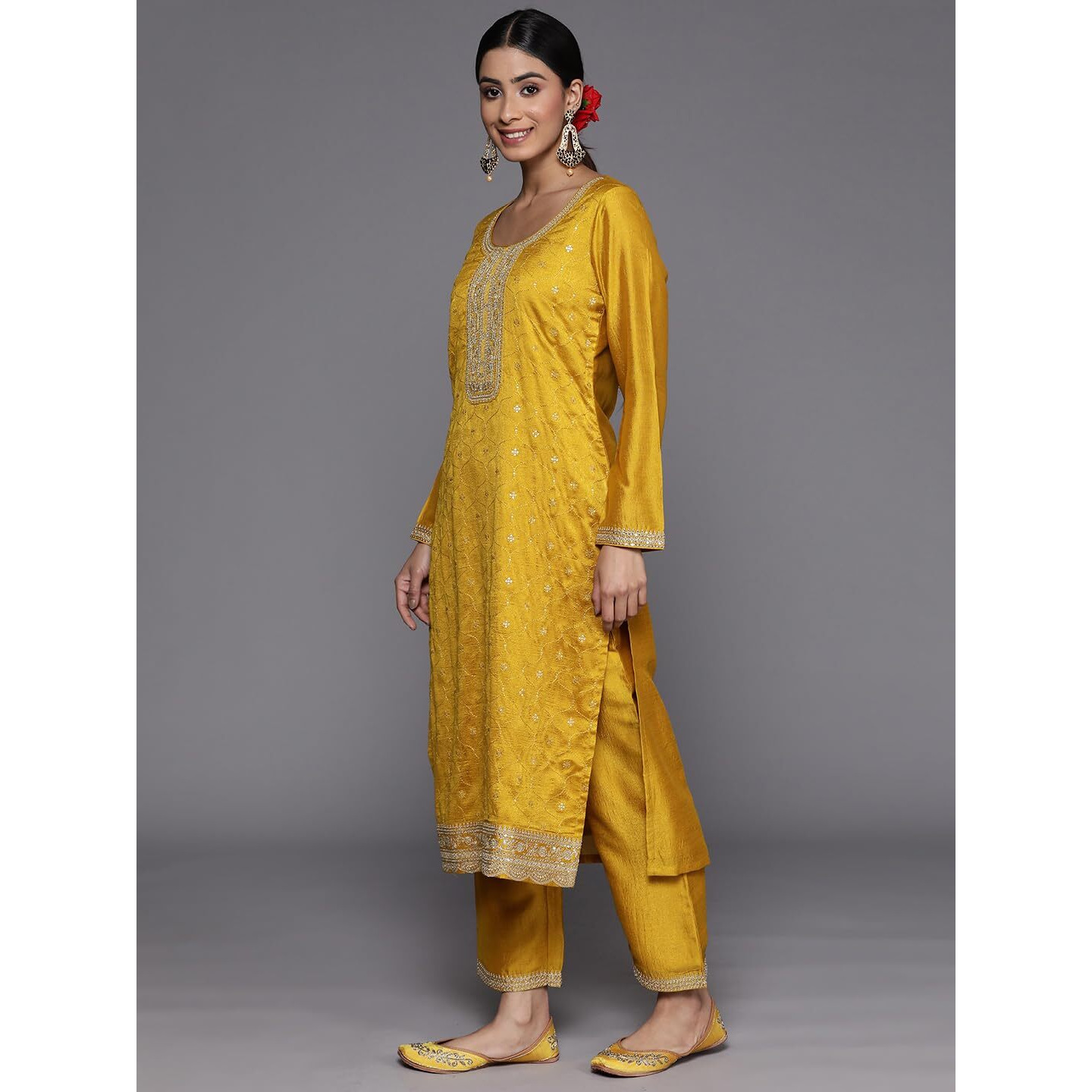 Libas Womens Embroidered Silk Blend Straight Kurta With Trousers And Dupatta