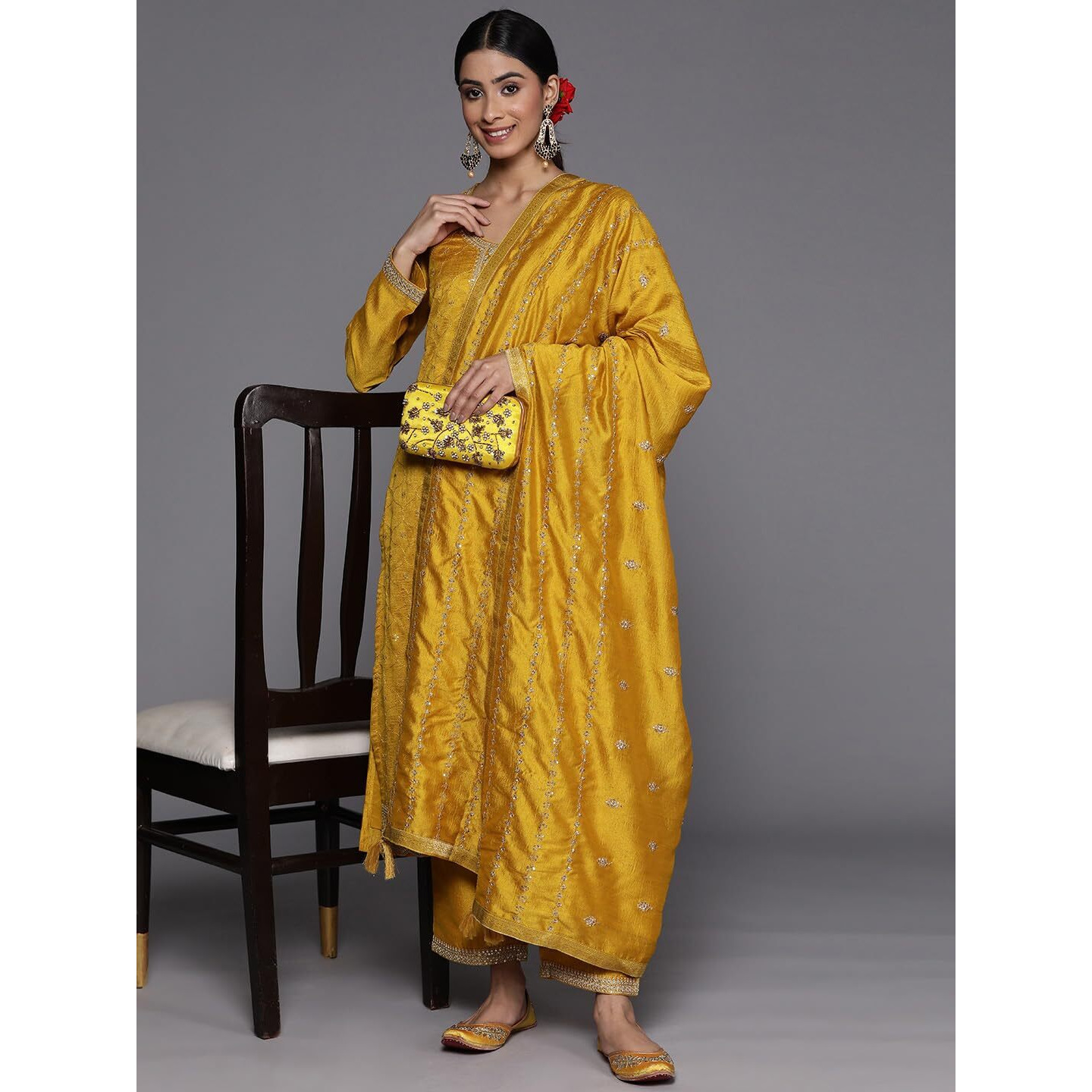 Libas Womens Embroidered Silk Blend Straight Kurta With Trousers And Dupatta