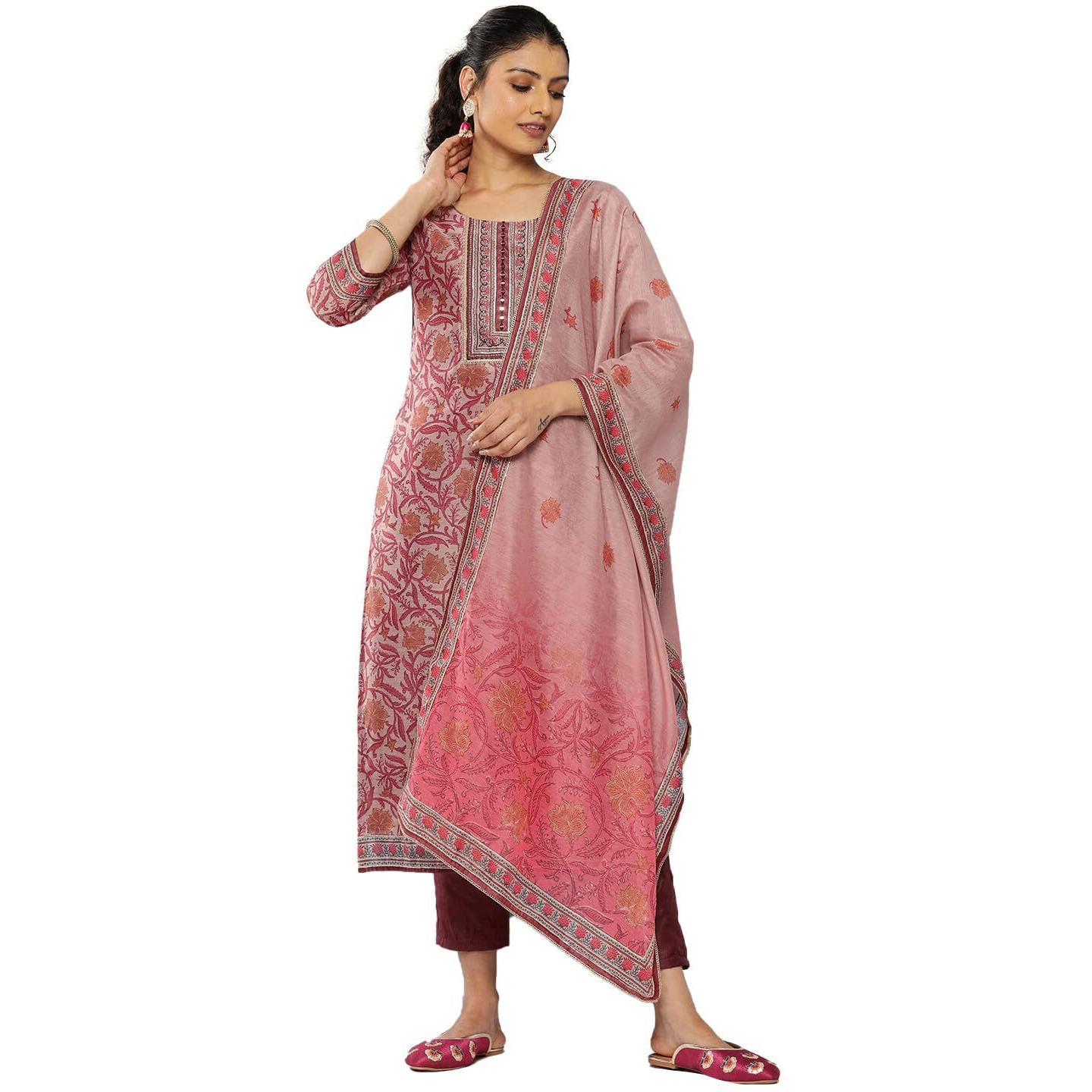 Libas Womens Yoke Design Silk Blend Straight Kurta With Trousers And Dupatta