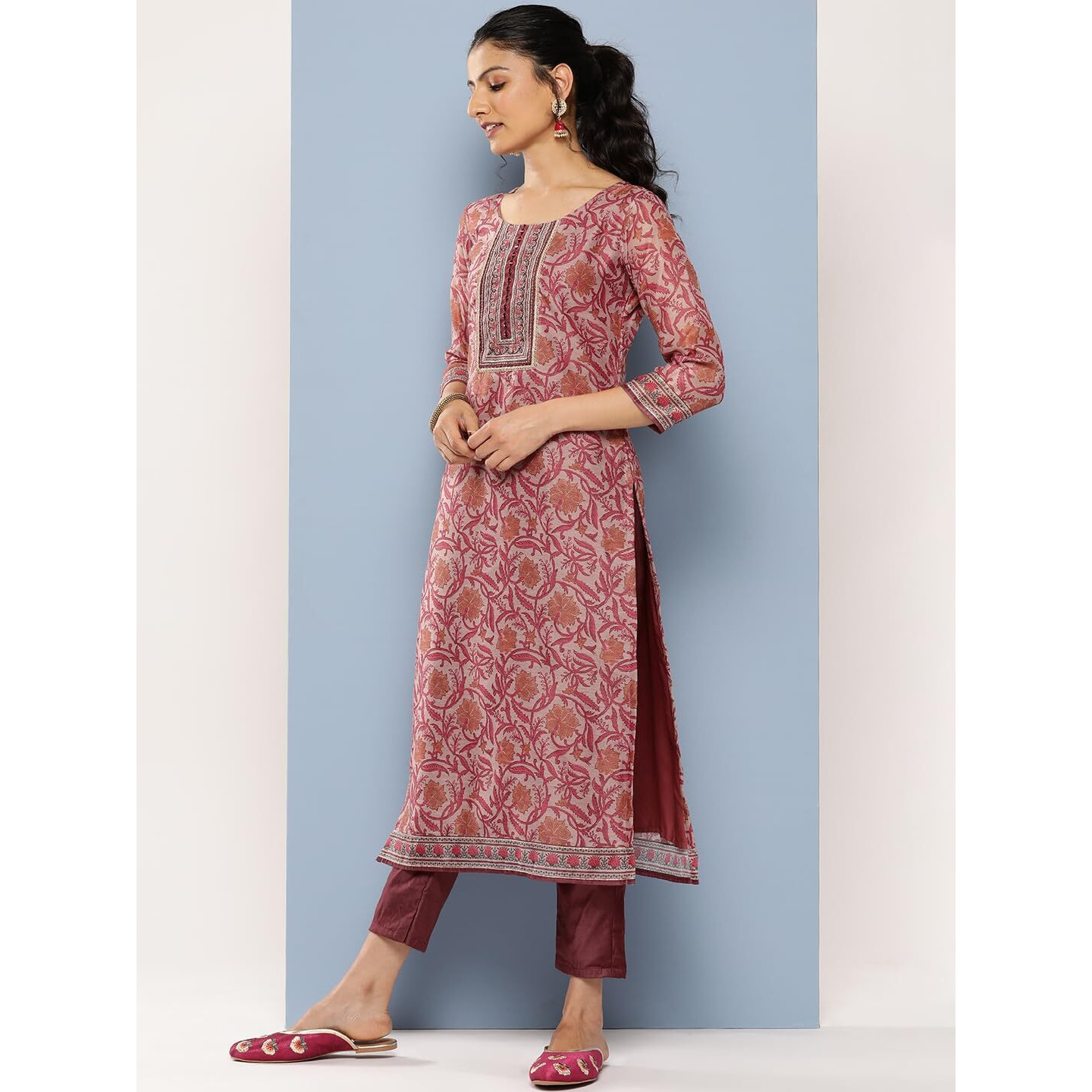 Libas Womens Yoke Design Silk Blend Straight Kurta With Trousers And Dupatta