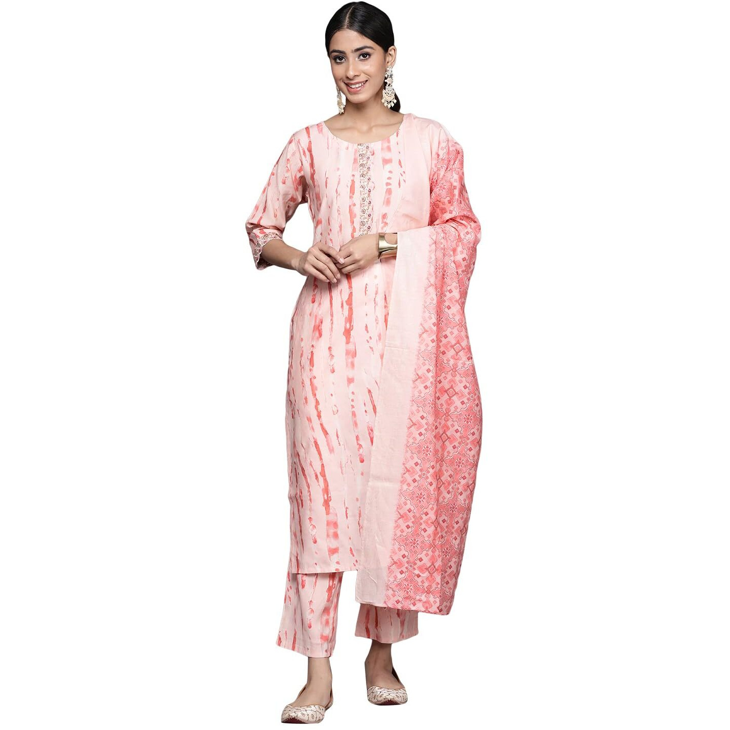 Libas Womens Printed Silk Blend Straight Kurta With Trousers And Dupatta