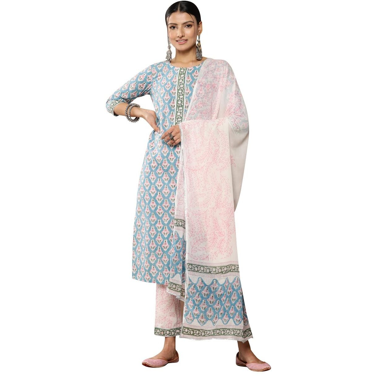 Libas Womens Printed Cotton Straight Kurta With Trousers And Dupatta