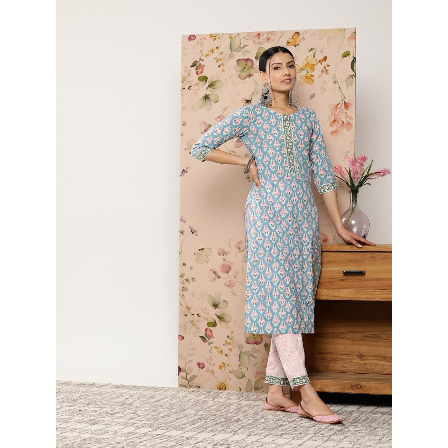 Libas Womens Printed Cotton Straight Kurta With Trousers And Dupatta