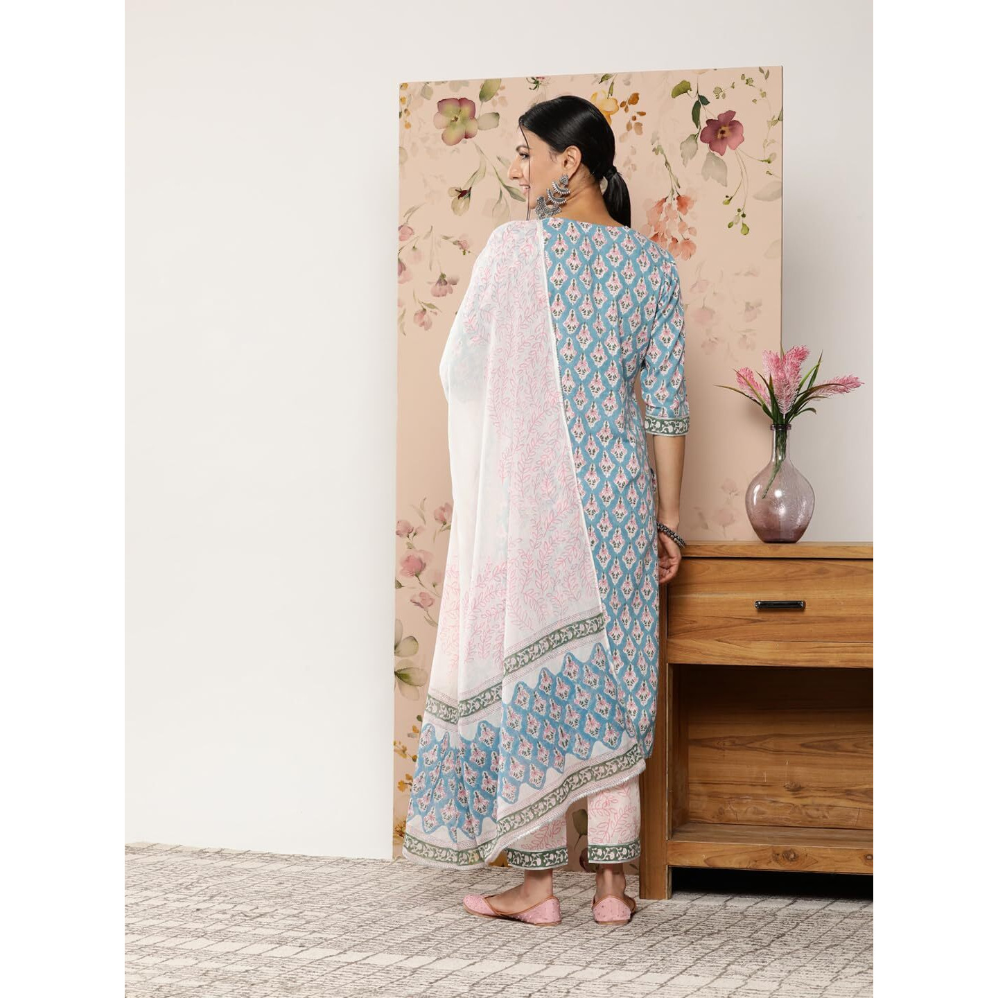 Libas Womens Printed Cotton Straight Kurta With Trousers And Dupatta