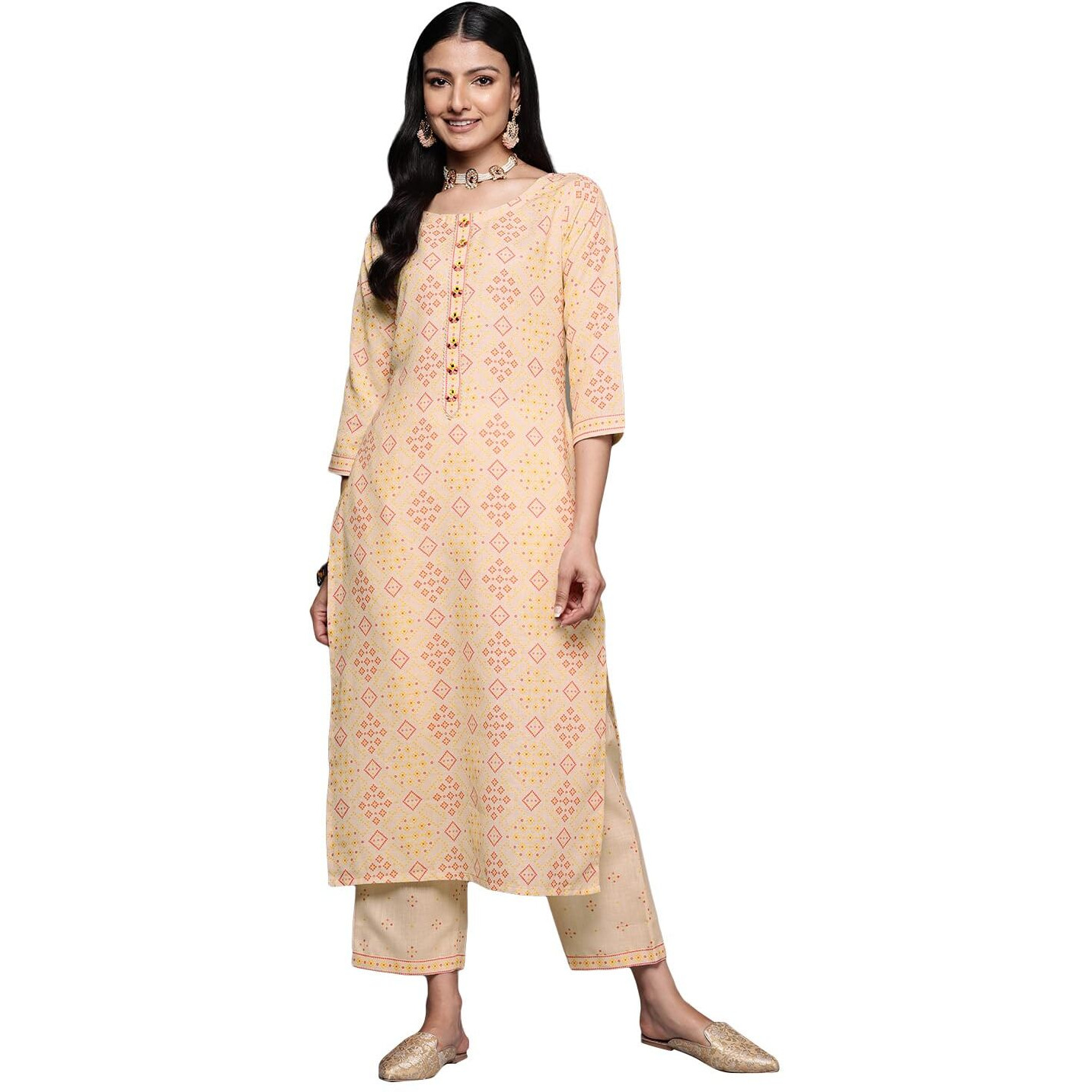 Libas Womens Printed Cotton Blend Straight Kurta With Trousers