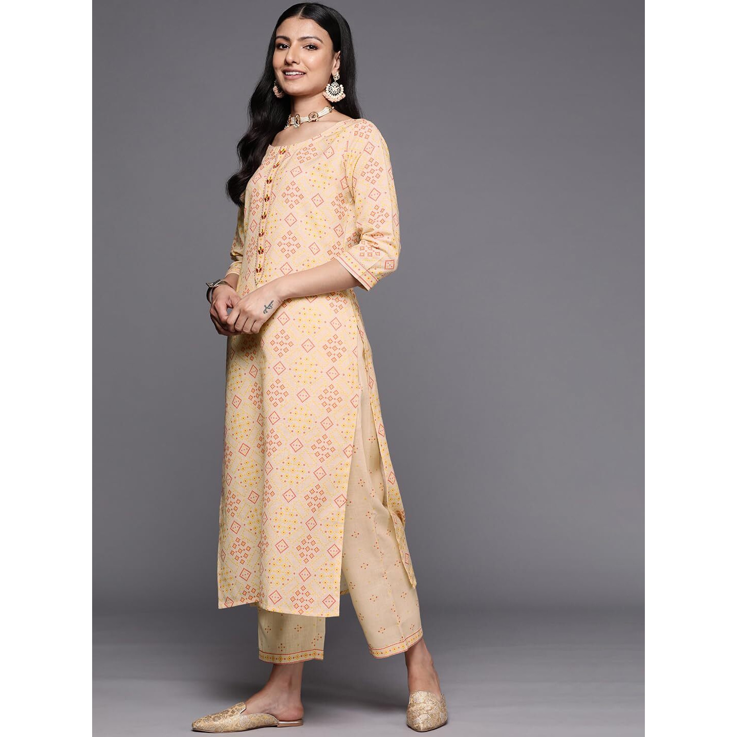 Libas Womens Printed Cotton Blend Straight Kurta With Trousers