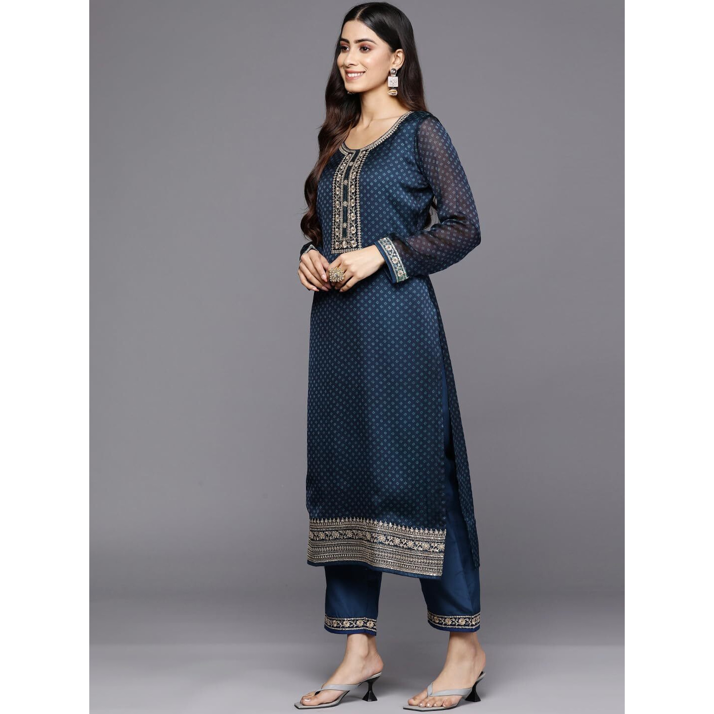 Libas Womens Printed Chiffon Straight Kurta With Trousers And Dupatta