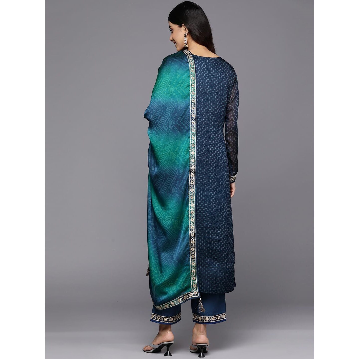 Libas Womens Printed Chiffon Straight Kurta With Trousers And Dupatta