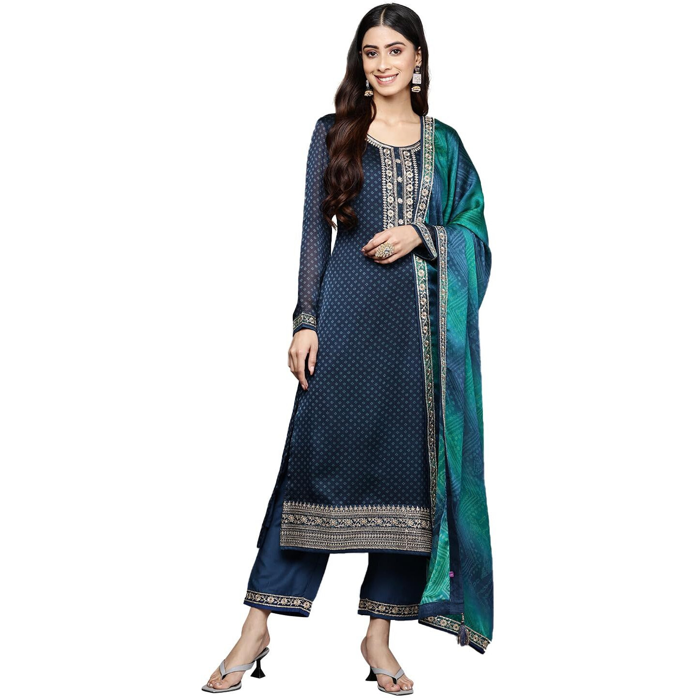 Libas Womens Printed Chiffon Straight Kurta With Trousers And Dupatta