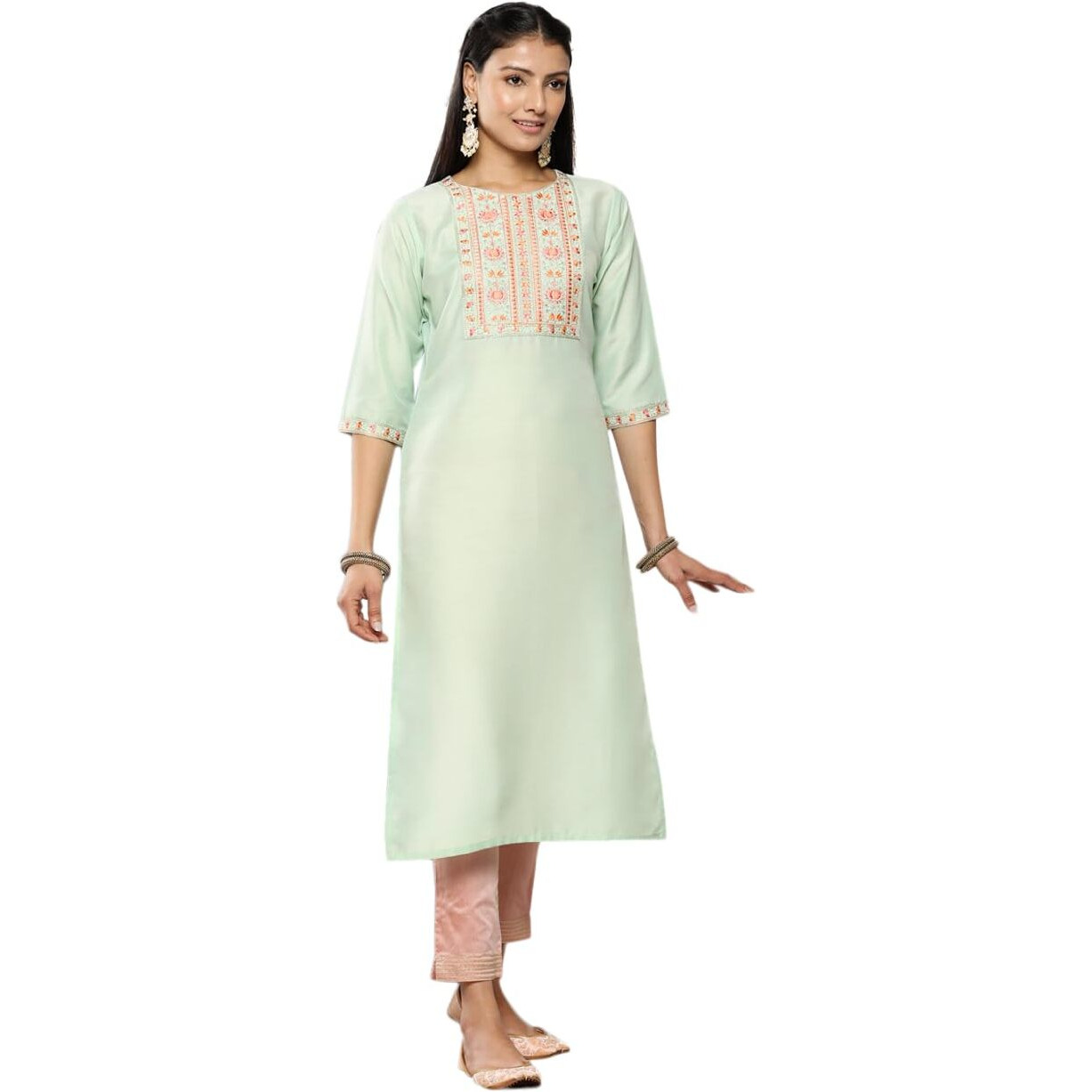 Libas Women's Silk Printed Straight Kurta (26392_Green