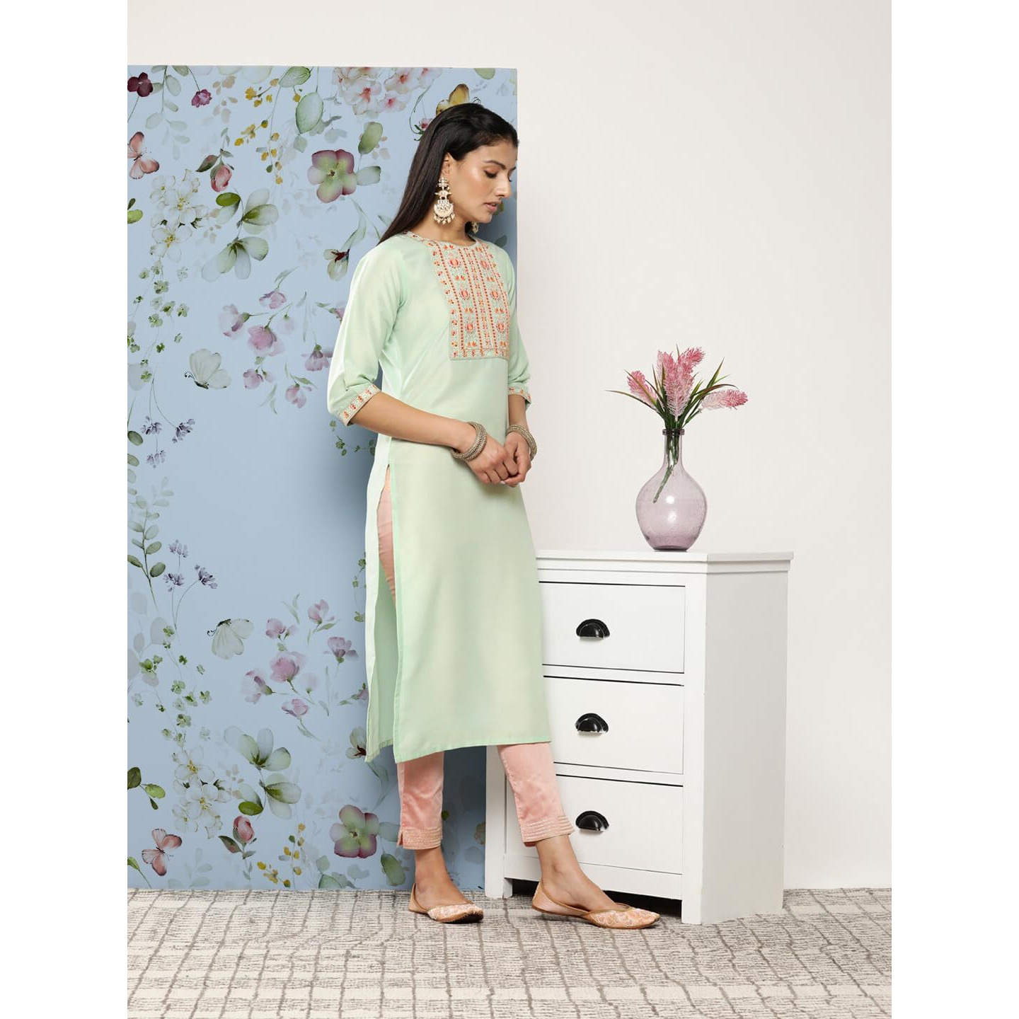 Libas Women's Silk Printed Straight Kurta (26392_Green