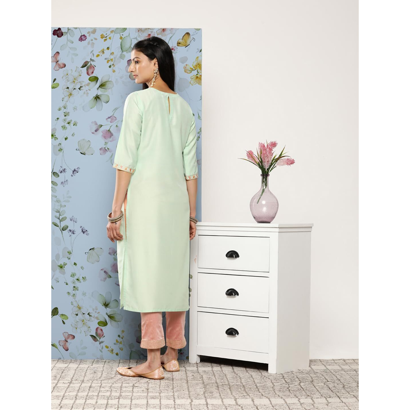 Libas Women's Silk Printed Straight Kurta (26392_Green