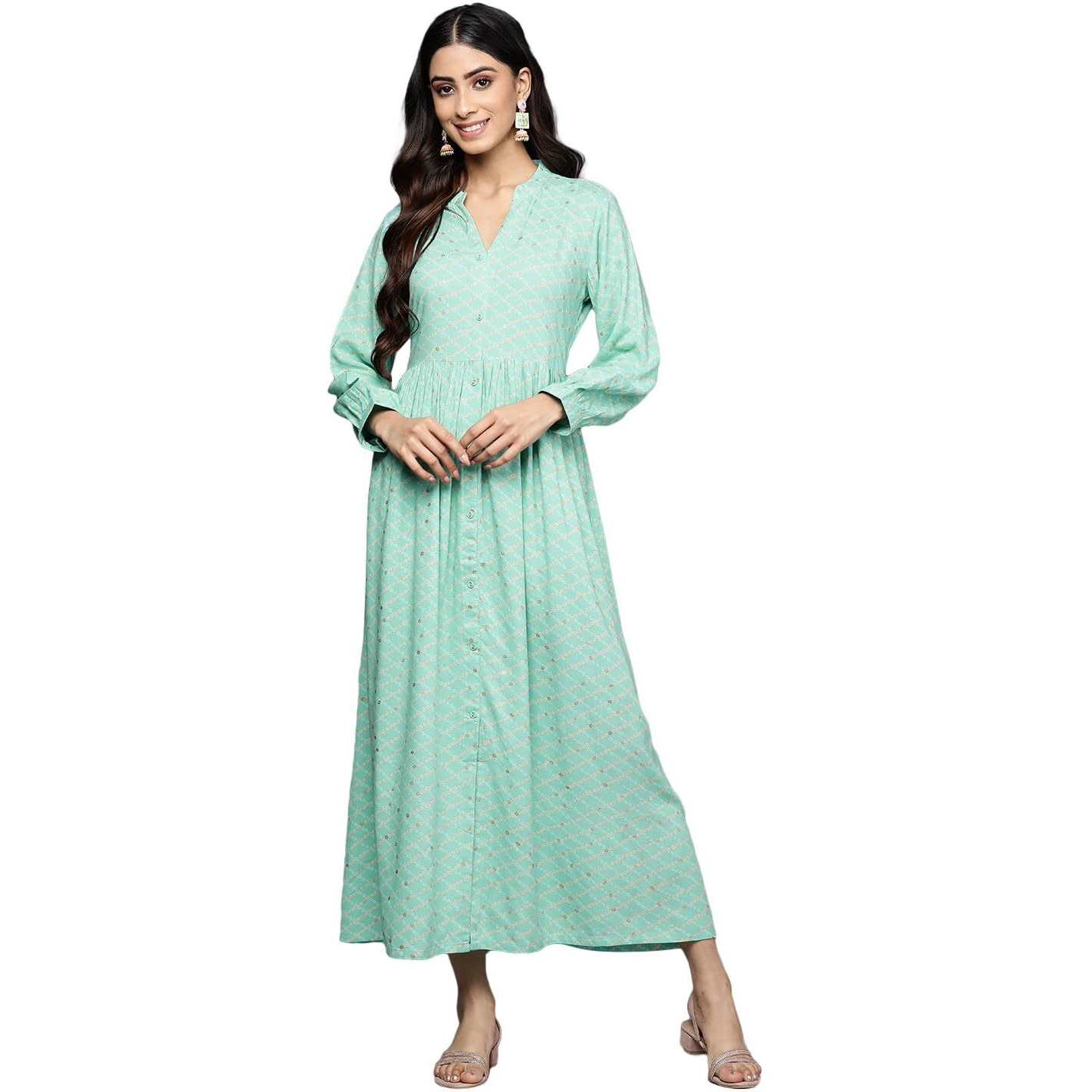 Libas Women's Rayon Fit And Flare Maxi Dress (26425_Sea Green