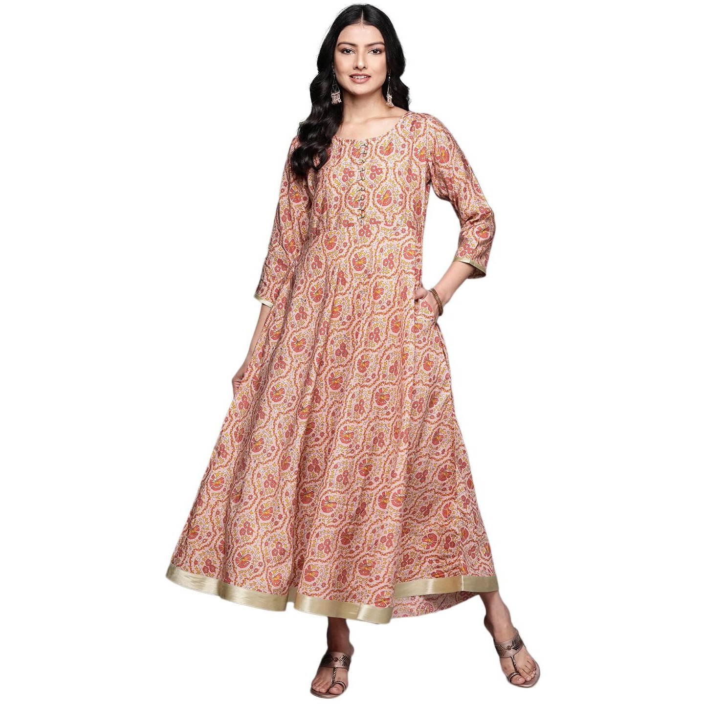 Libas Women's Silk Fit And Flare Maxi Dress (26411_Peach