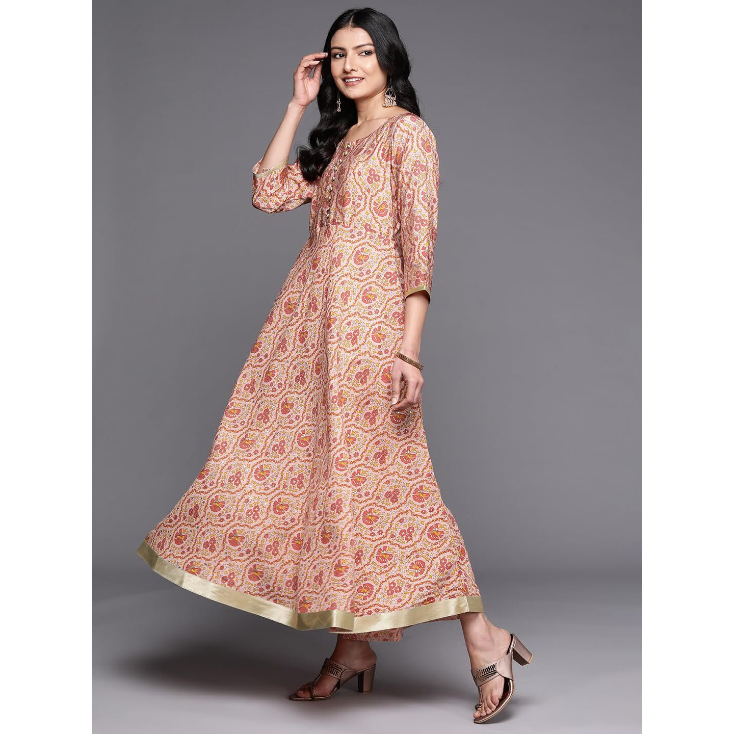 Libas Women's Silk Fit And Flare Maxi Dress (26411_Peach