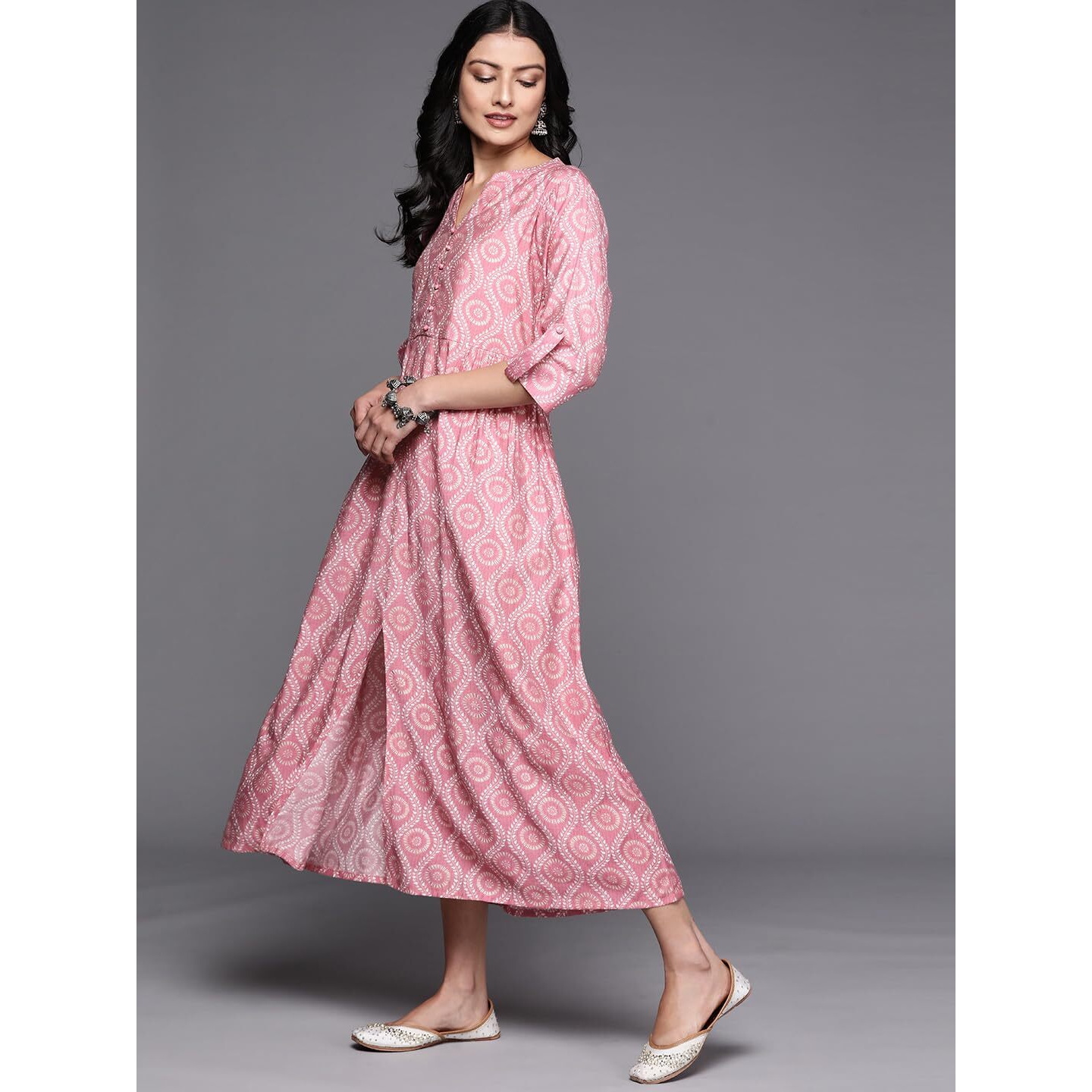 Libas Women's Silk Fit And Flare Maxi Dress (26410_Pink