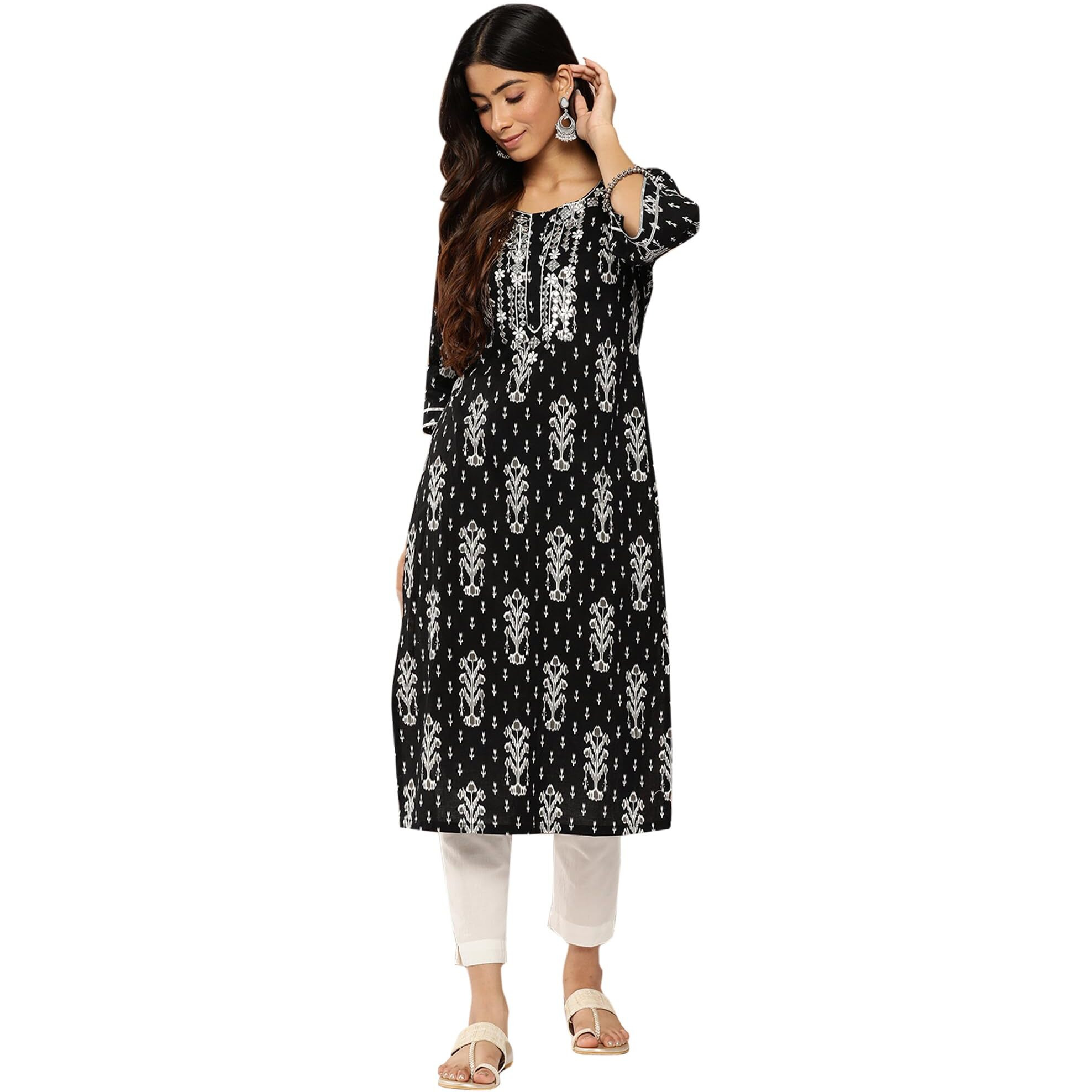 Libas Women's Cotton Embellished Straight Kurta (26185_Black