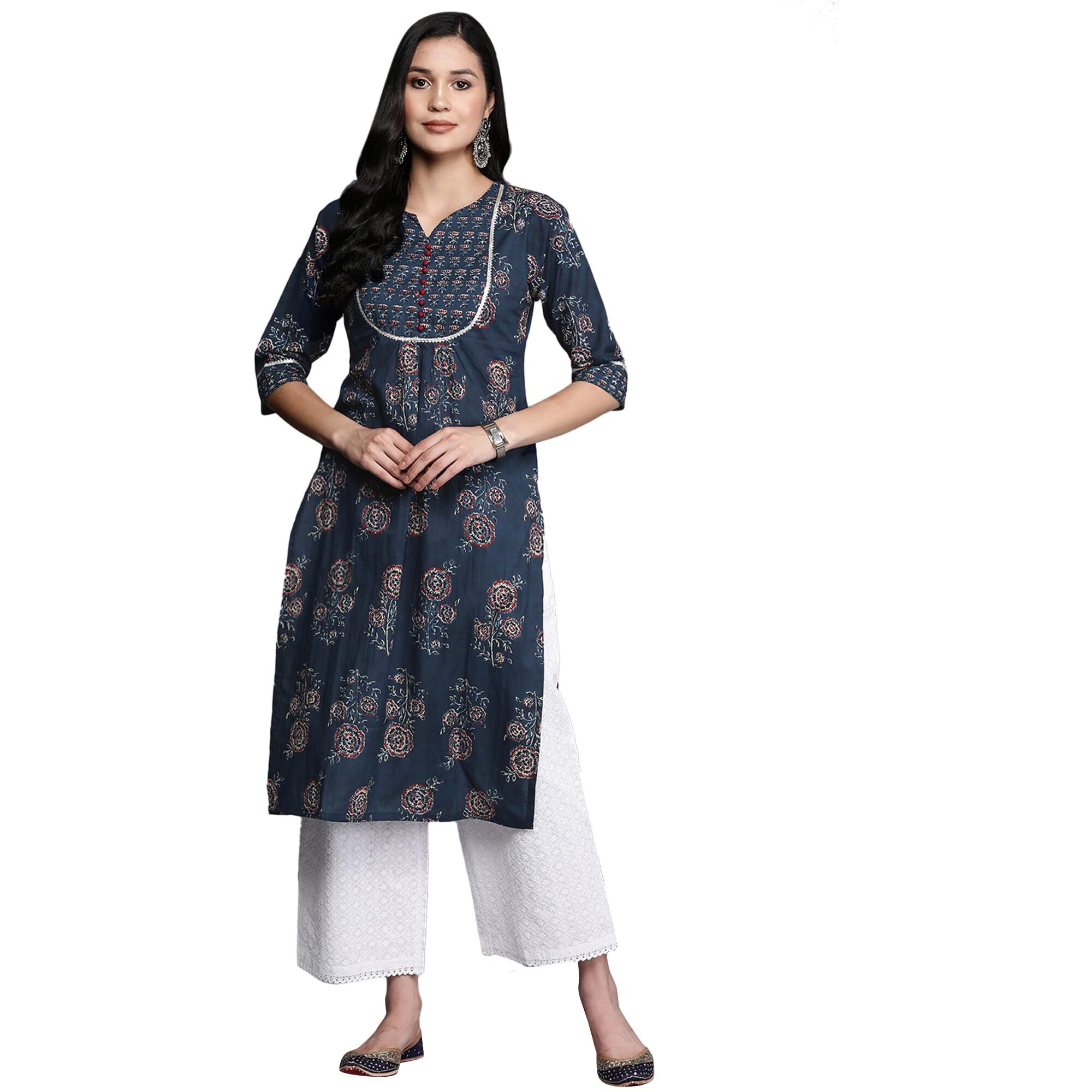 Libas Women's Cotton Printed Straight Kurta (26190_Blue