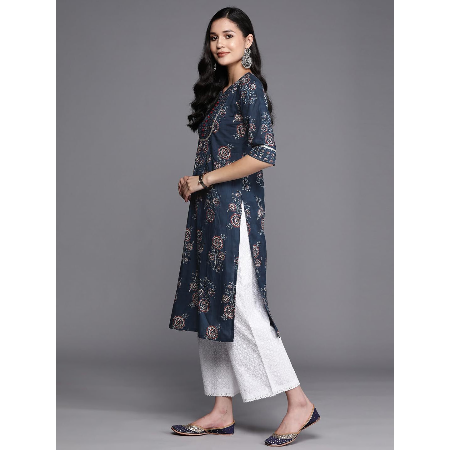 Libas Women's Cotton Printed Straight Kurta (26190_Blue