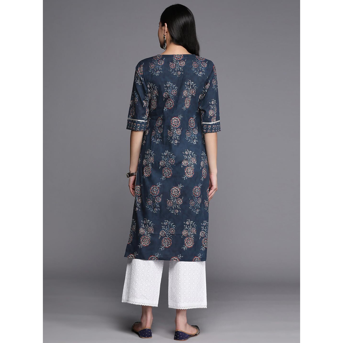 Libas Women's Cotton Printed Straight Kurta (26190_Blue