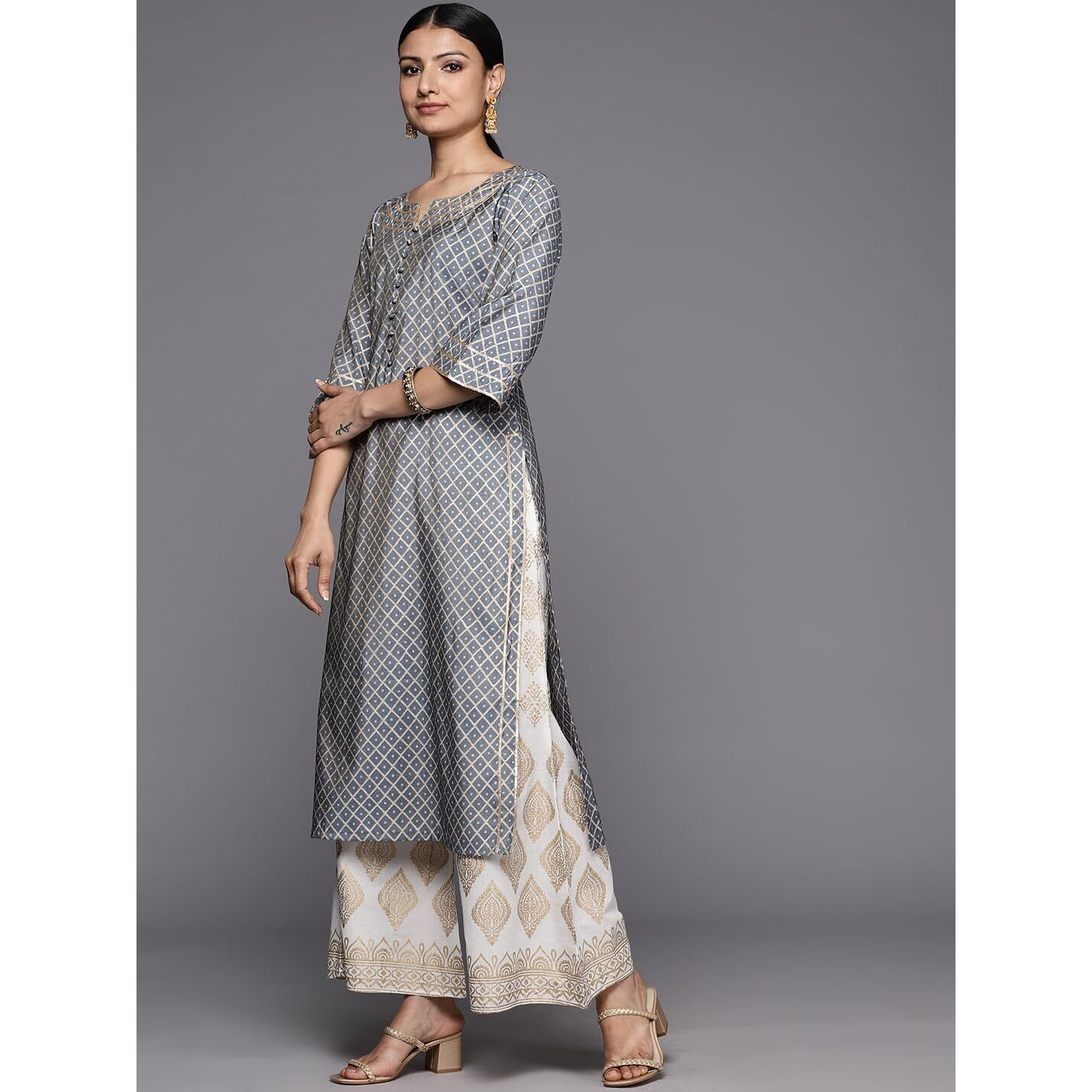 Libas Women's Silk Printed Straight Kurta (26261_Grey