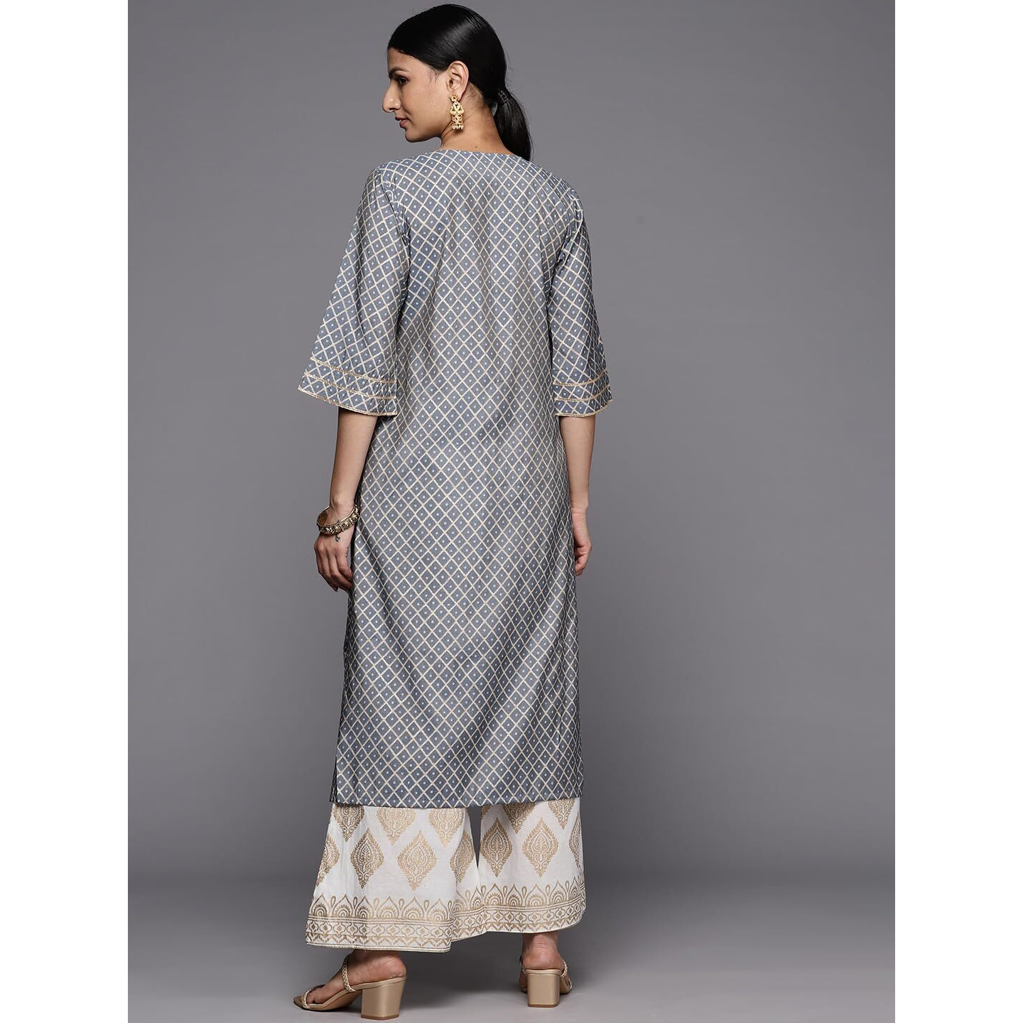 Libas Women's Silk Printed Straight Kurta (26261_Grey