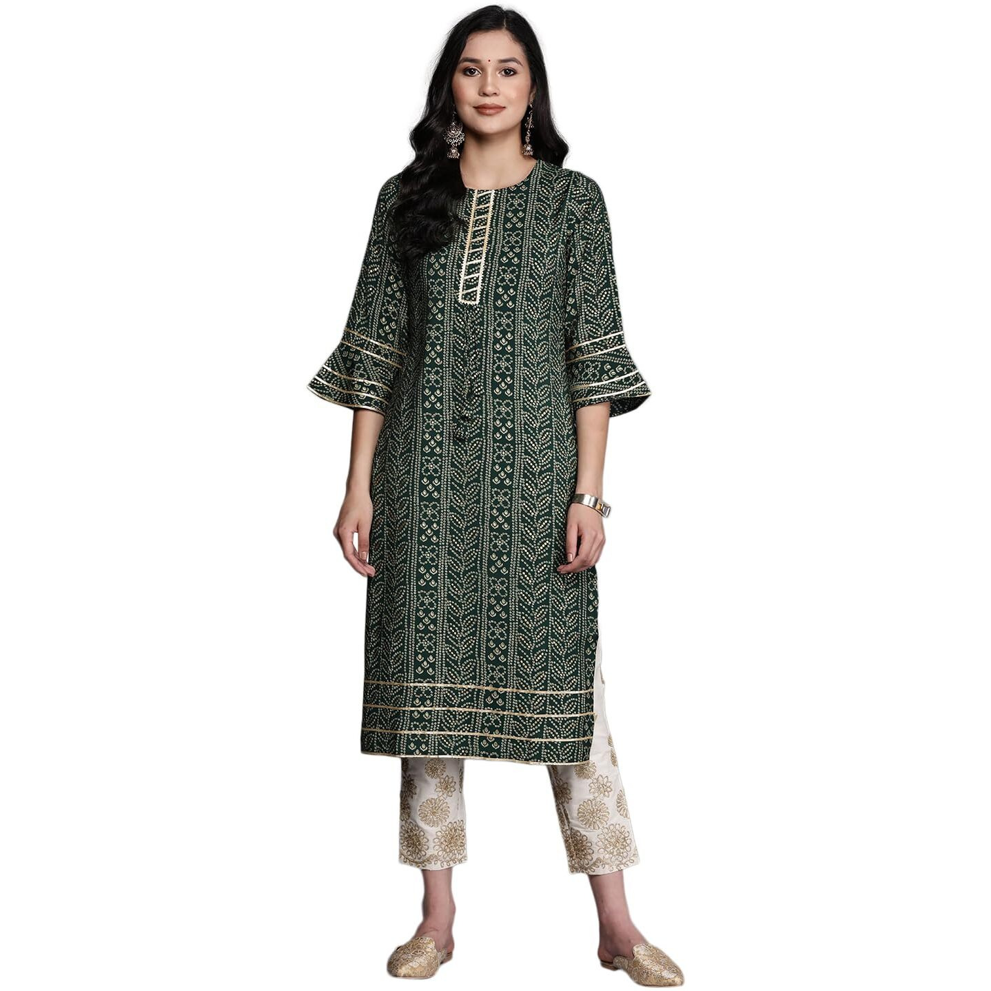 Libas Women's Silk Printed Straight Kurta (26264_Green