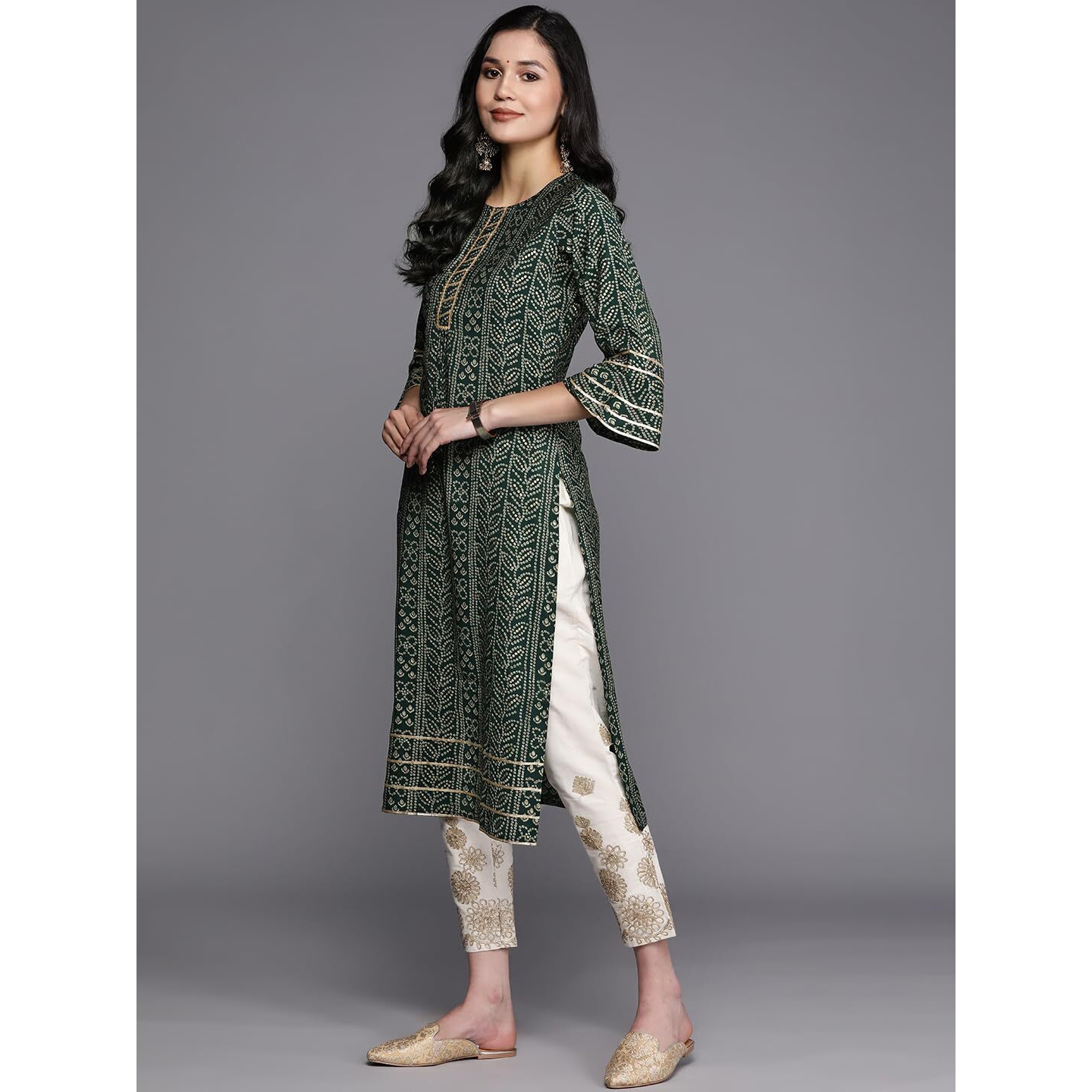 Libas Women's Silk Printed Straight Kurta (26264_Green