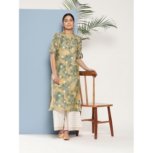 Libas Women's Silk Printed Straight Kurta (26287_Green