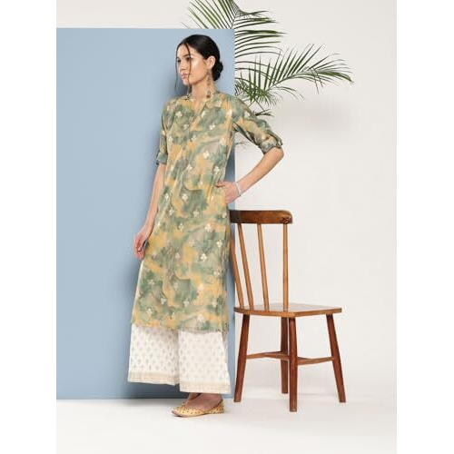 Libas Women's Silk Printed Straight Kurta (26287_Green