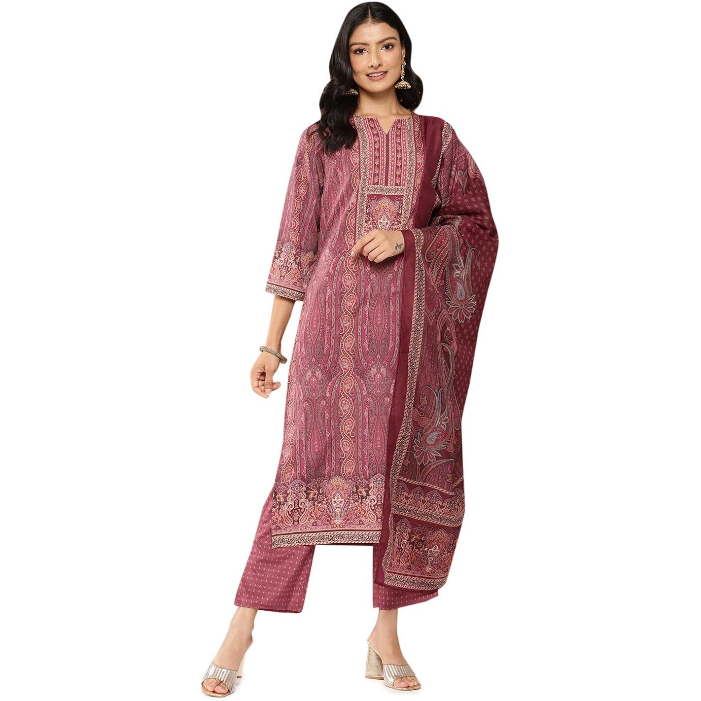 Libas Womens Printed Crepe Straight Kurta With Trousers And Dupatta