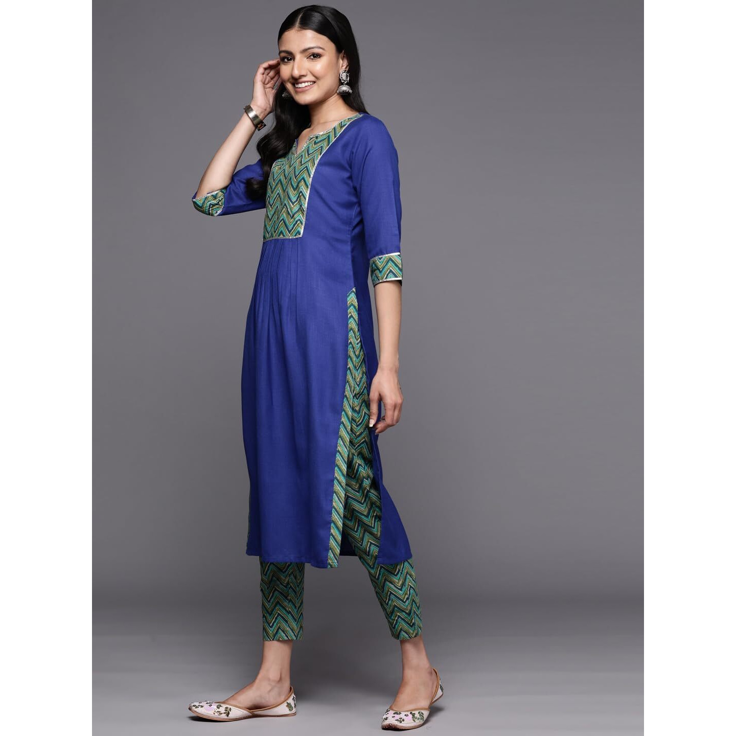 Libas Womens Yoke Design Cotton Blend Straight Kurta With Trousers And Dupatta