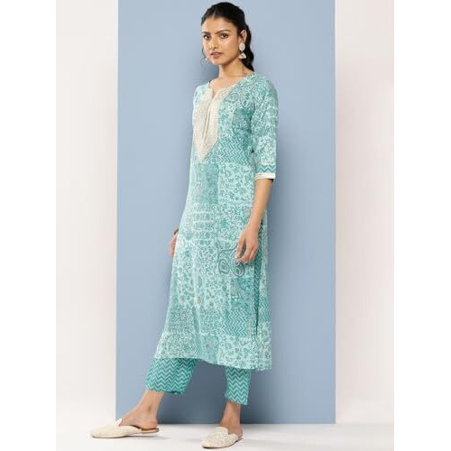 Libas Womens Yoke Design Silk Blend Straight Kurta With Trousers And Dupatta