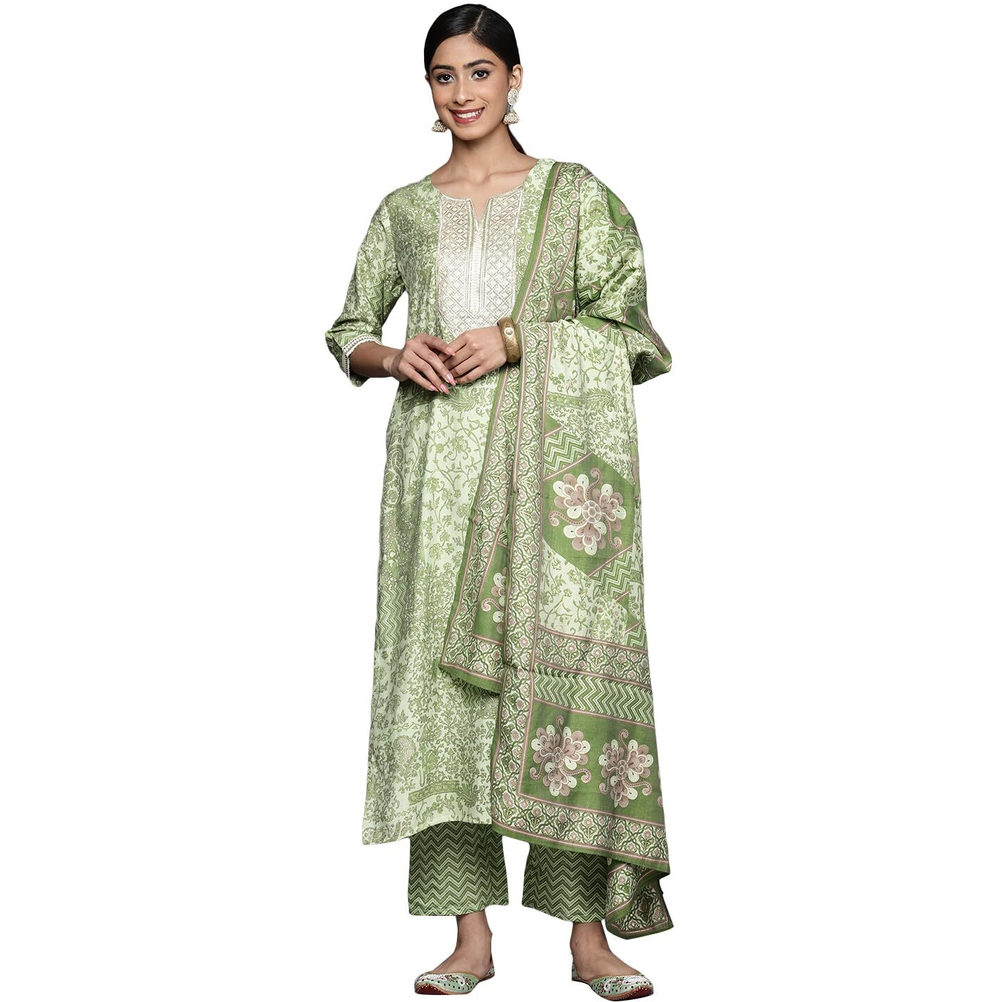 Libas Womens Printed Silk Blend Straight Kurta With Trousers And Dupatta