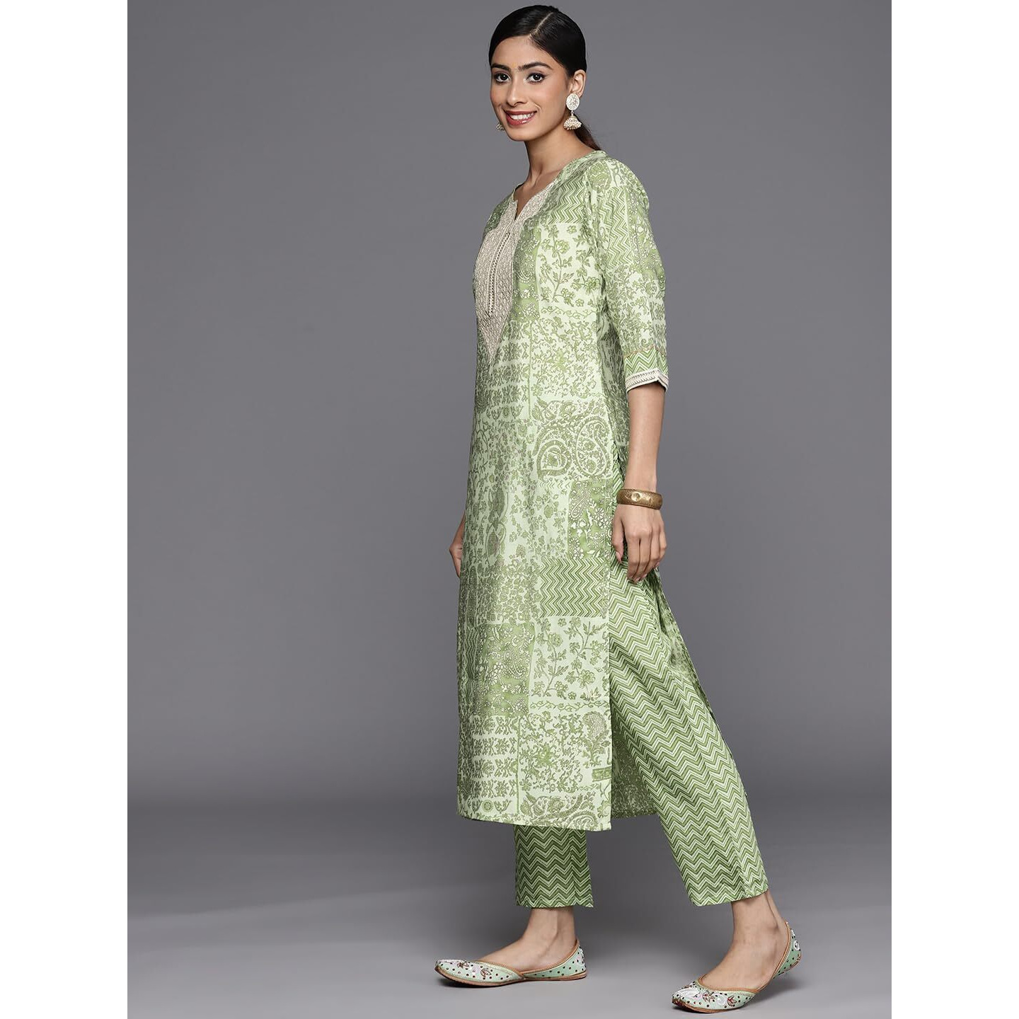 Libas Womens Printed Silk Blend Straight Kurta With Trousers And Dupatta